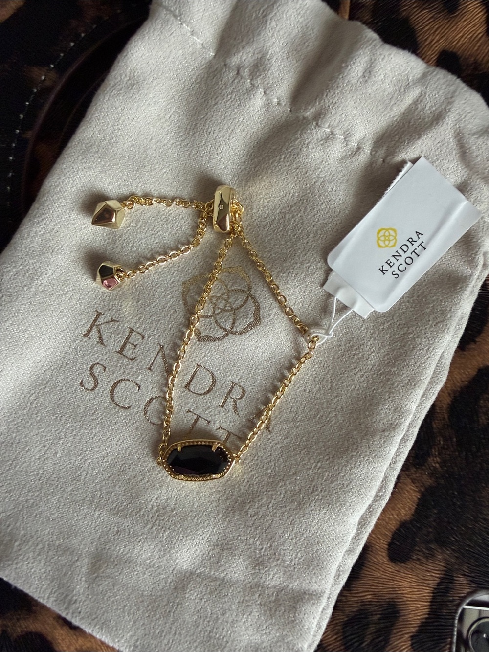 New Kendra Scott Gold-Tone Bracelet with Black Faceted Stone